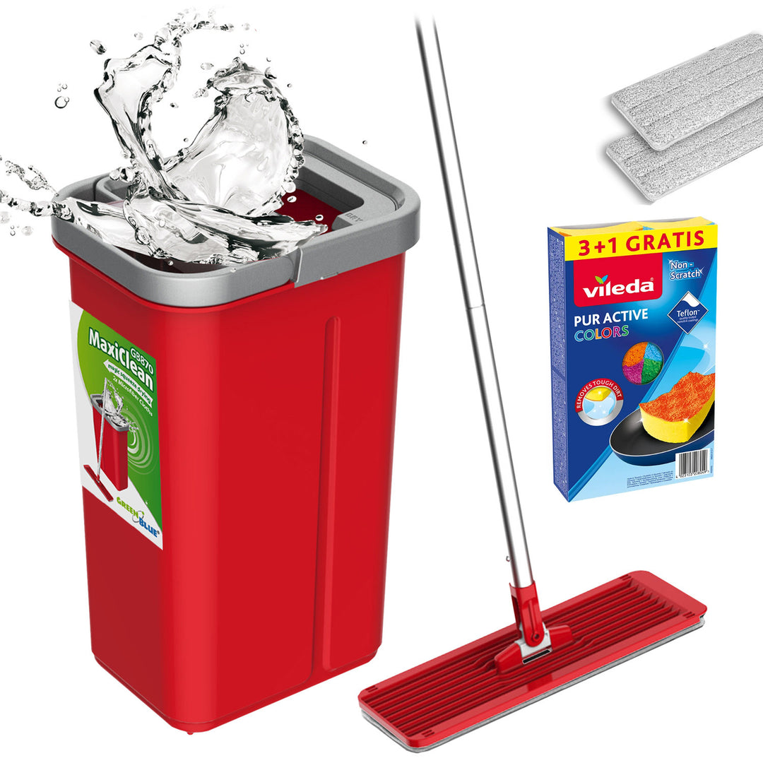 Balai à franges plat avec seau et essoreuse GreenBlue, deux recharges en microfibre HQ, capacité de 5,7 L, MaxiClean GB870 + 4 éponges Vileda Pur Active Colors