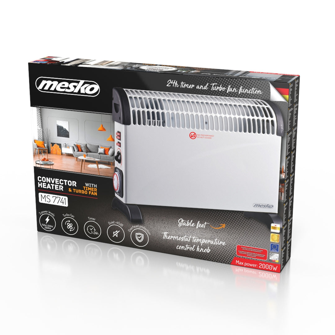 Radiateur à convection, électrique, avec thermostat, 2 000 W, minuterie 24 h, blanc, cordon d'alimentation de 150 cm, Mesko, MS 7741W