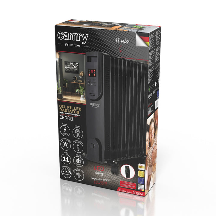 Radiateur à huile, 11 ailettes, 2 500 W, télécommande, écran LED, thermostat, Camry CR 7813
