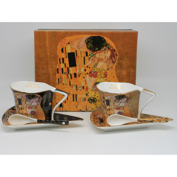 Tasses en porcelaine Klimt « Le Baiser » 2 x 180 ml avec cuillères, Queen Isabell