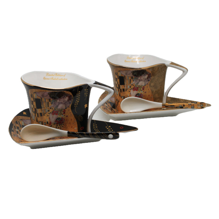 Tasses en porcelaine Klimt « Le Baiser » 2 x 180 ml avec cuillères, Queen Isabell