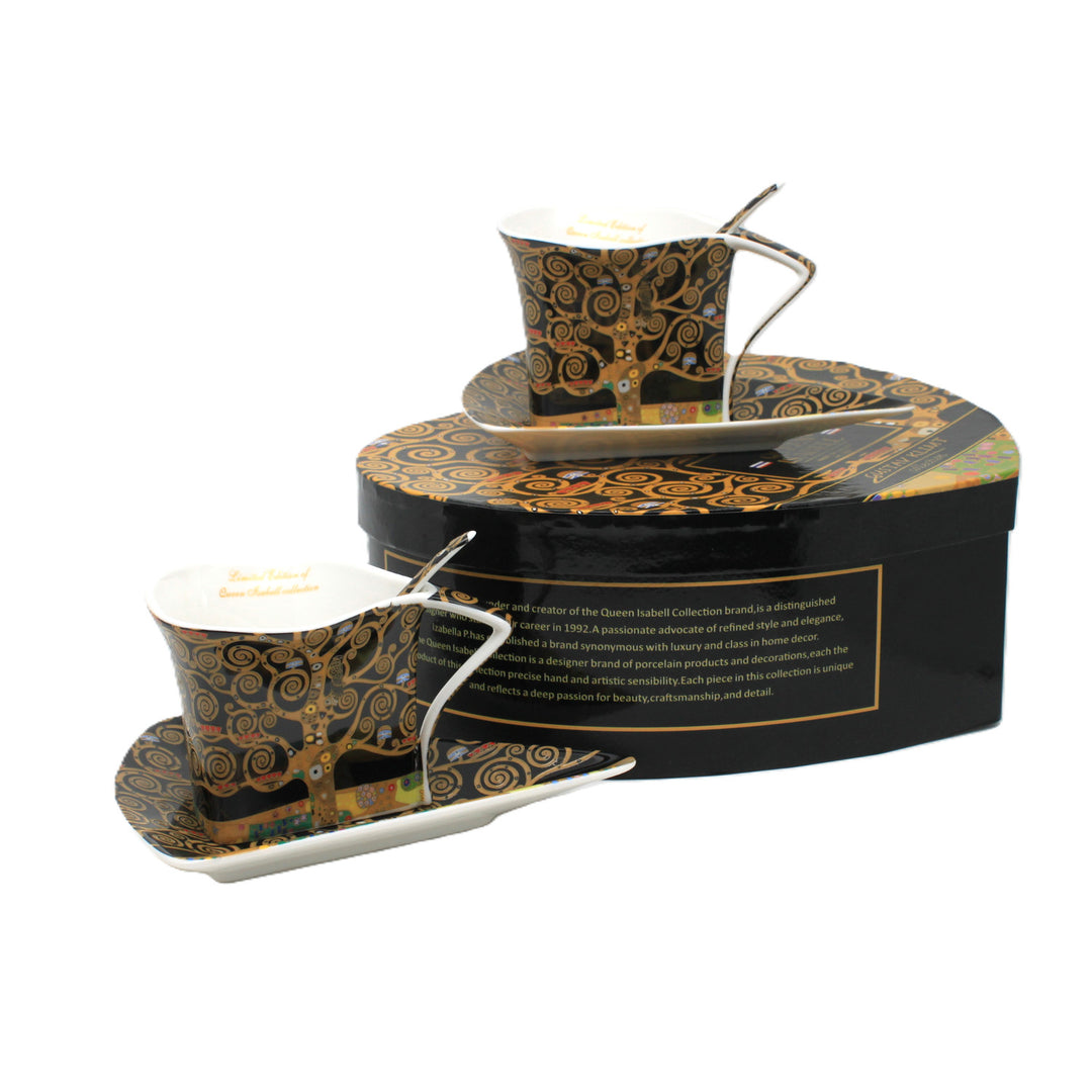 Tasses en porcelaine Klimt « L'Arbre de vie », 2 x 180 ml, avec cuillères, Queen Isabell