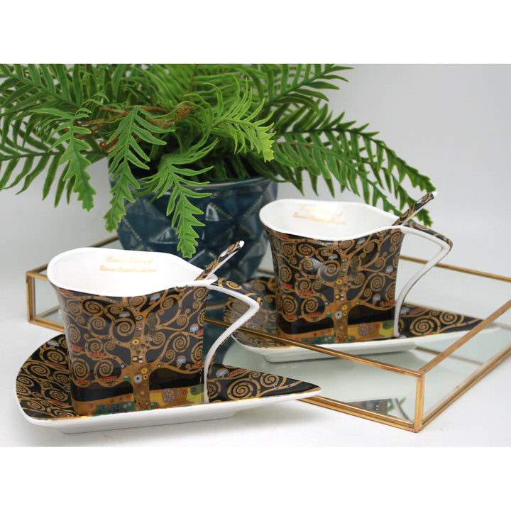 Tasses en porcelaine Klimt « L'Arbre de vie », 2 x 180 ml, avec cuillères, Queen Isabell
