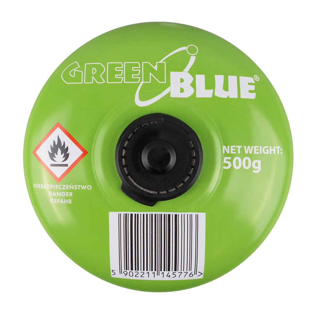 Cartouche de gaz GreenBlue de 500 g. Certificat : Pi 0437, conforme à la norme EN 417, butane-propane, plage de température de -10 °C à +40 °C, raccord 7/16", GB499, lot de 48 pièces