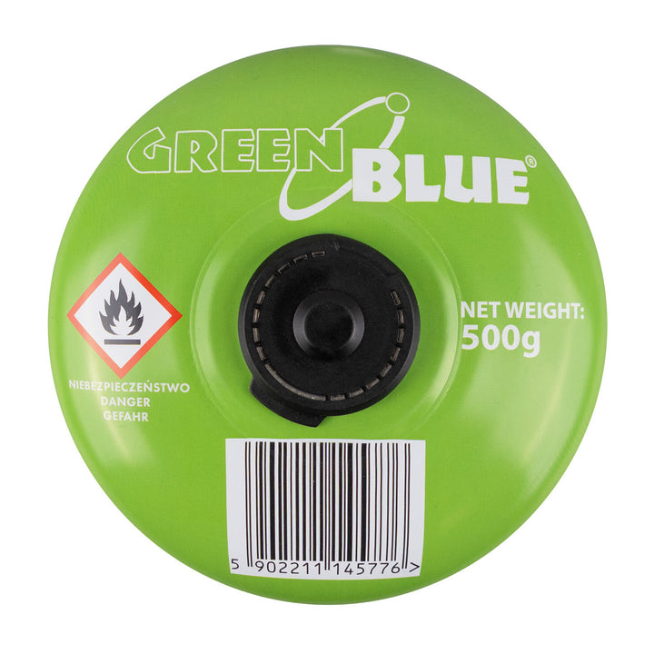 Cartouche de gaz GreenBlue de 500 g. Certificat : Pi 0437, conforme à la norme EN 417, butane-propane, plage de température de -10 °C à +40 °C, raccord 7/16", GB499, lot de 48 pièces