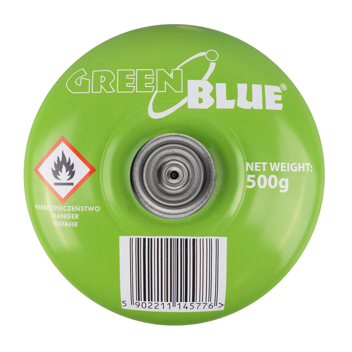 Cartouche de gaz GreenBlue de 500 g. Certificat : Pi 0437, conforme à la norme EN 417, butane-propane, plage de température de -10 °C à +40 °C, raccord 7/16", GB499, lot de 48 pièces