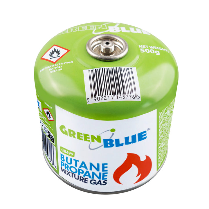 Cartouche de gaz GreenBlue de 500 g. Certificat : Pi 0437, conforme à la norme EN 417, butane-propane, plage de température de -10 °C à +40 °C, raccord 7/16", GB499, lot de 48 pièces