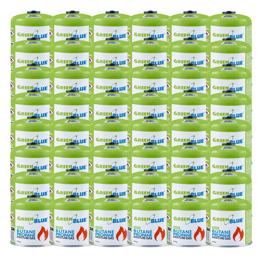 Cartouche de gaz GreenBlue de 500 g. Certificat : Pi 0437, conforme à la norme EN 417, butane-propane, plage de température de -10 °C à +40 °C, raccord 7/16", GB499, lot de 48 pièces