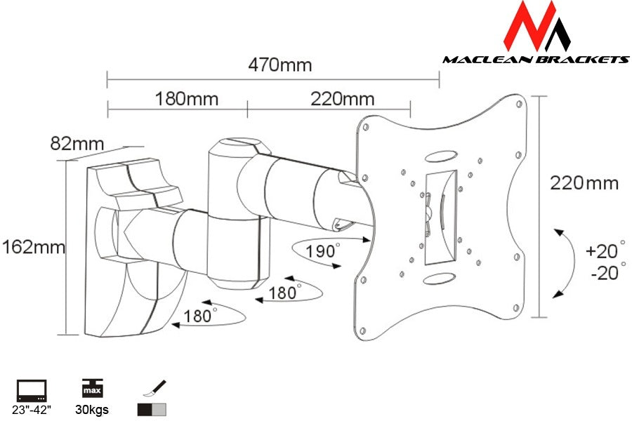 Support pour TV ou moniteur 23-42 "30kg universel argent max vesa 200x200 Maclean MC-503