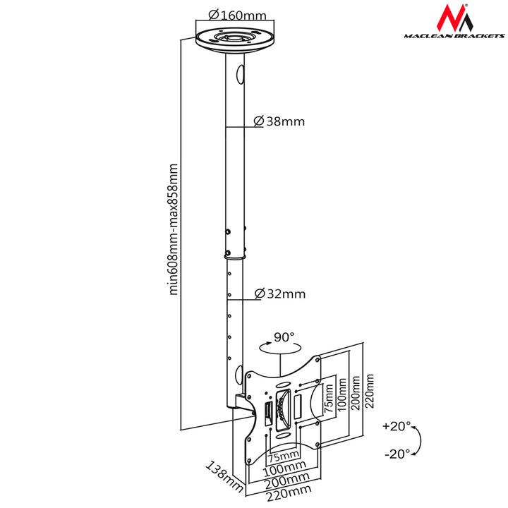 Support de suspension de plafond pour téléviseur 23-42 "50 - 85 cm 30kg Maclean MC-504A B noir