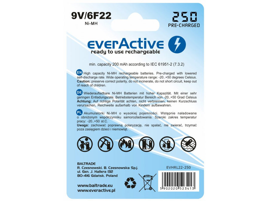 Batterie everActive Ni-MH 9V 6F22 250mAh Silver Line