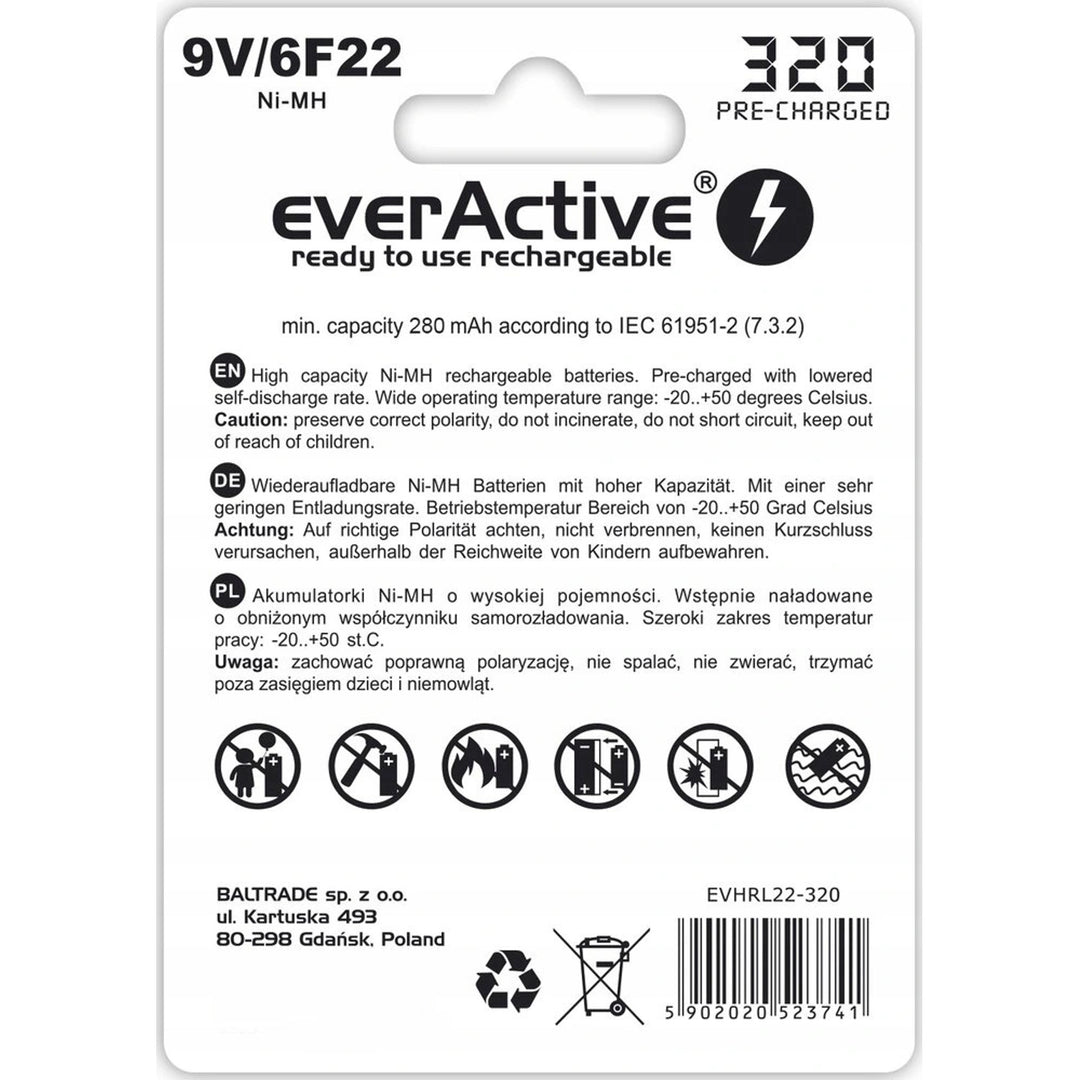 Batterie rechargeable 6F22 / 9V Ni-MH 320mAh EverActive