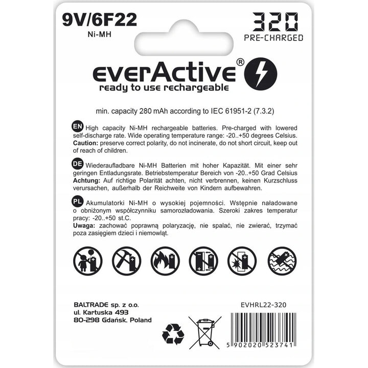 Batterie rechargeable 6F22 / 9V Ni-MH 320mAh EverActive