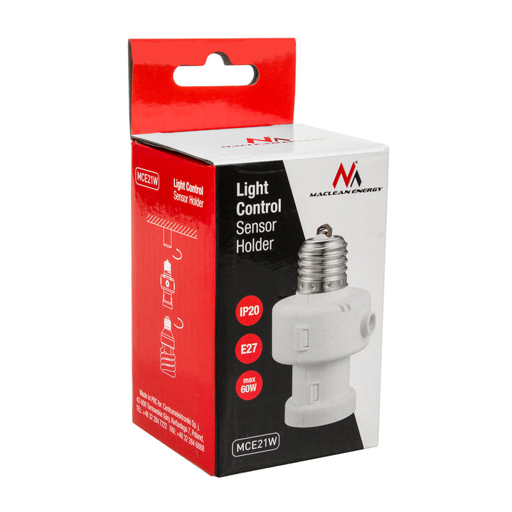 Support d'ampoule Maclean, E27, max. 100W, avec détecteur crépusculaire, minuterie, blanc, MCE21W