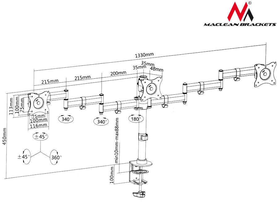 Support de table pour 3 moniteurs 13-27" charge max  8kg par support Maclean MC-691