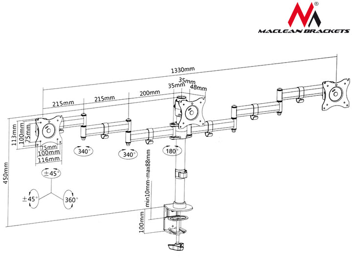 Support de table pour 3 moniteurs 13-27" charge max  8kg par support Maclean MC-691