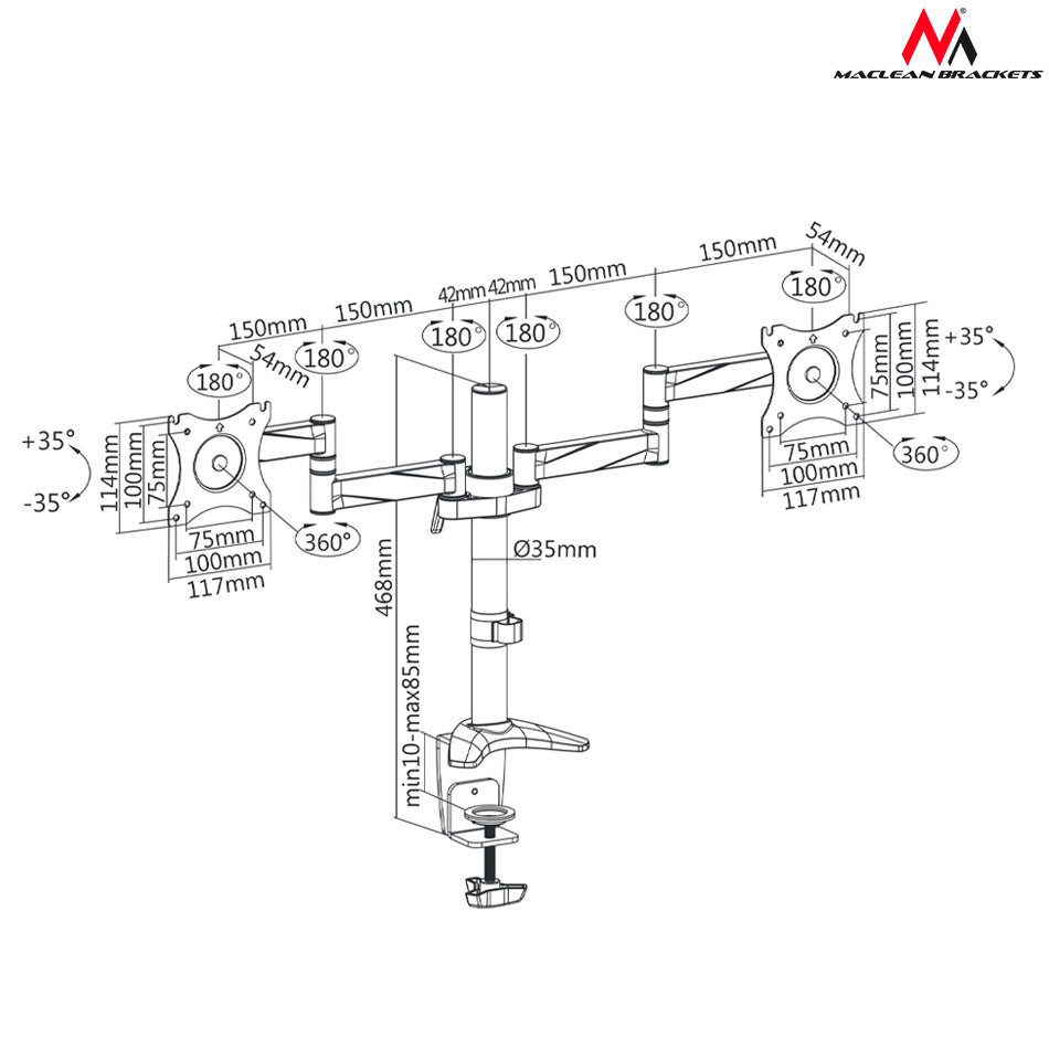 Support pour deux moniteurs 13-27" charge maximale 8 kg montage au bureau Maclean MC-714