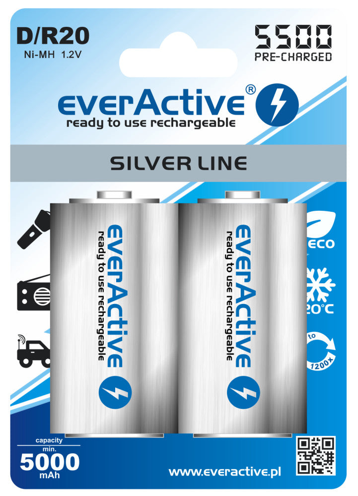 2 pièces batterie (1 blister) - R20 D 5500mAh everActive rechargeable Silver Line