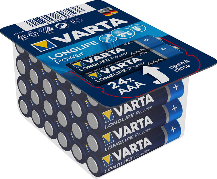 24x Varta High Energy LR03 / AAA piles alcalines etui avec mécanisme d'ouverture et de fermeture facile.