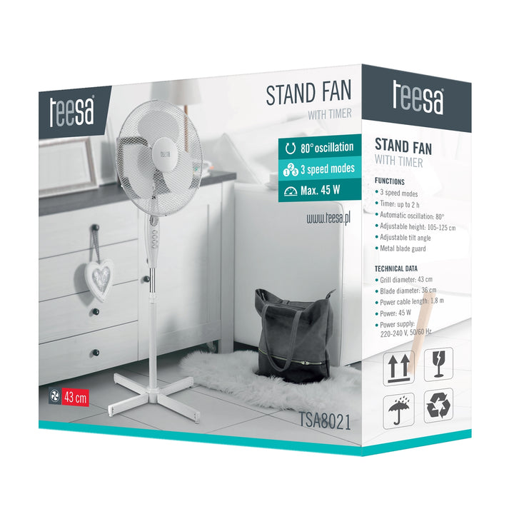 Ventilateur sur pied 3 vitesses 45W avec minuteur  TEESA