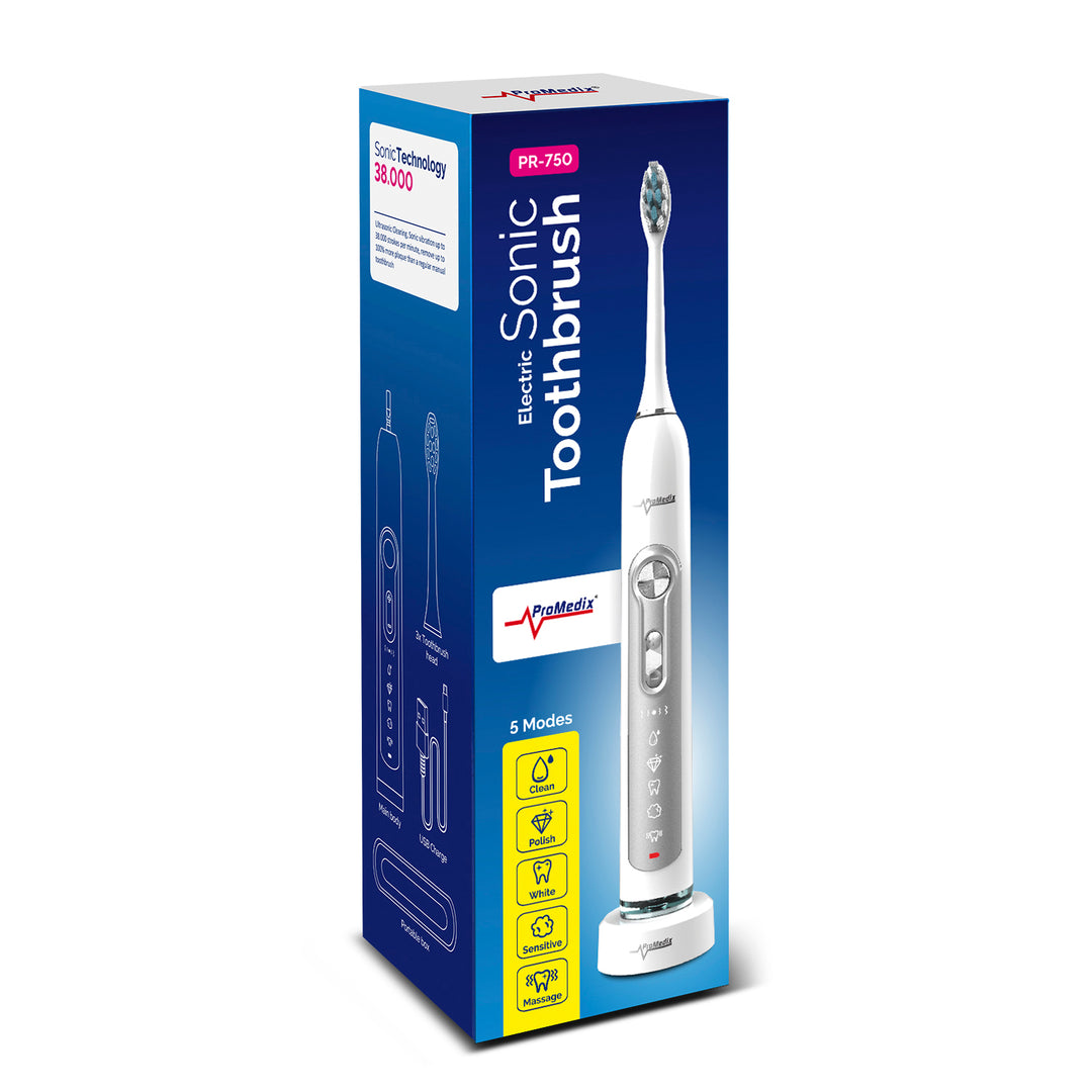 Brosse à dents sonique blanche avec étui de transport, 5 modes, minuterie, 3 niveaux de puissance, 3 bouts Promedix PR-750 W