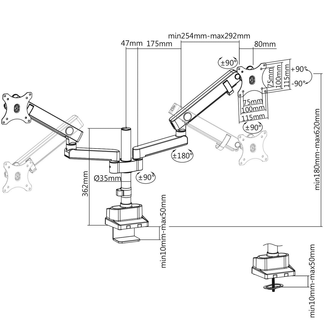 Support de bureau pour double moniteurs avec ressort à gaz VESA 75x75 100x100 17 "-32" Maclean MC-812