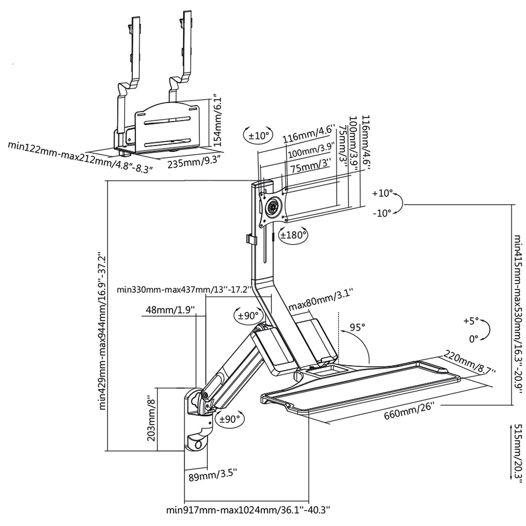 Support mural pour moniteur et clavier avec ressort à gaz et support pour ordinateur / processeur 17 "-32" 9 kg Maclean MC-838