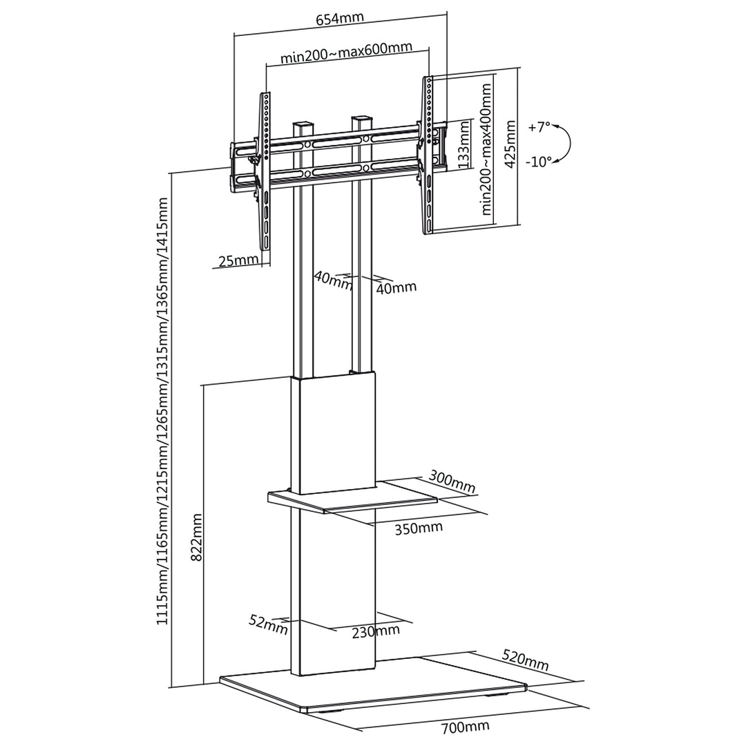 Support TV au sol avec étagère réglable en hauteur max 40kg max VESA 600x400 Maclean MC-865