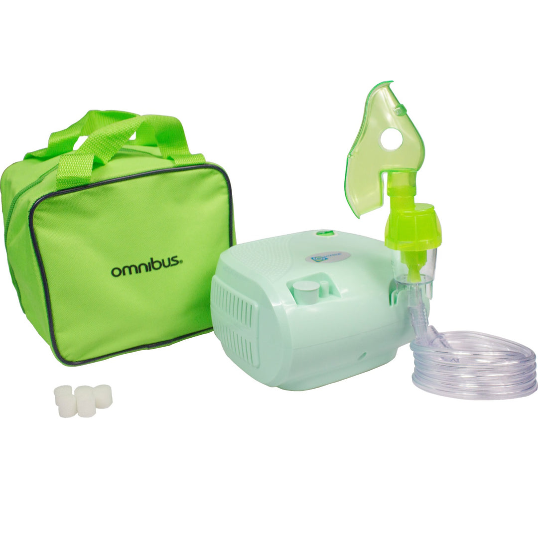 Inhalateur nébuliseur avec filtres, masques et tuyaux vert sac OMNIBUS BR-CN116 B