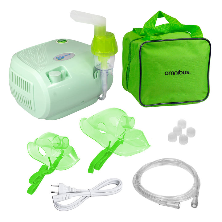 Inhalateur nébuliseur avec filtres, masques et tuyaux vert sac OMNIBUS BR-CN116 B