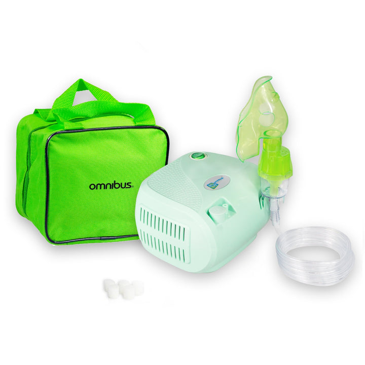 Inhalateur nébuliseur avec filtres, masques et tuyaux vert sac OMNIBUS BR-CN116 B