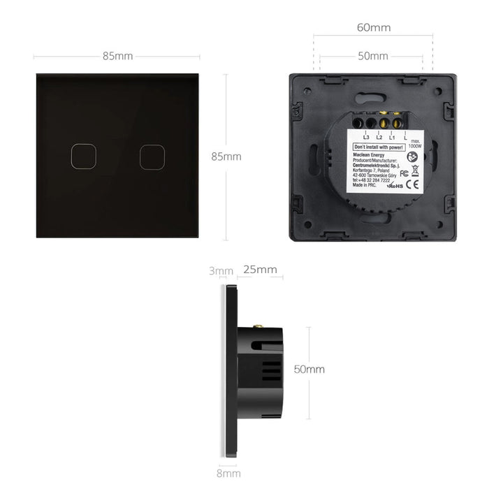 Interrupteur d'eclairage mural tactile simple a une voie en verre noir avec bouton carré Maclean Energy MCE701B