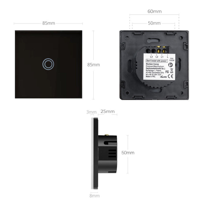 Interrupteur d'eclairage mural tactile simple a une voie en verre noir avec bouton rond Maclean Energy MCE702B