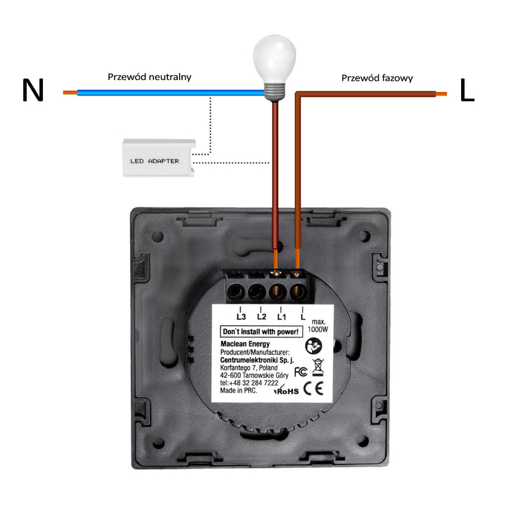 Interrupteur d'eclairage mural tactile simple a une voie en verre noir avec bouton rond Maclean Energy MCE702B