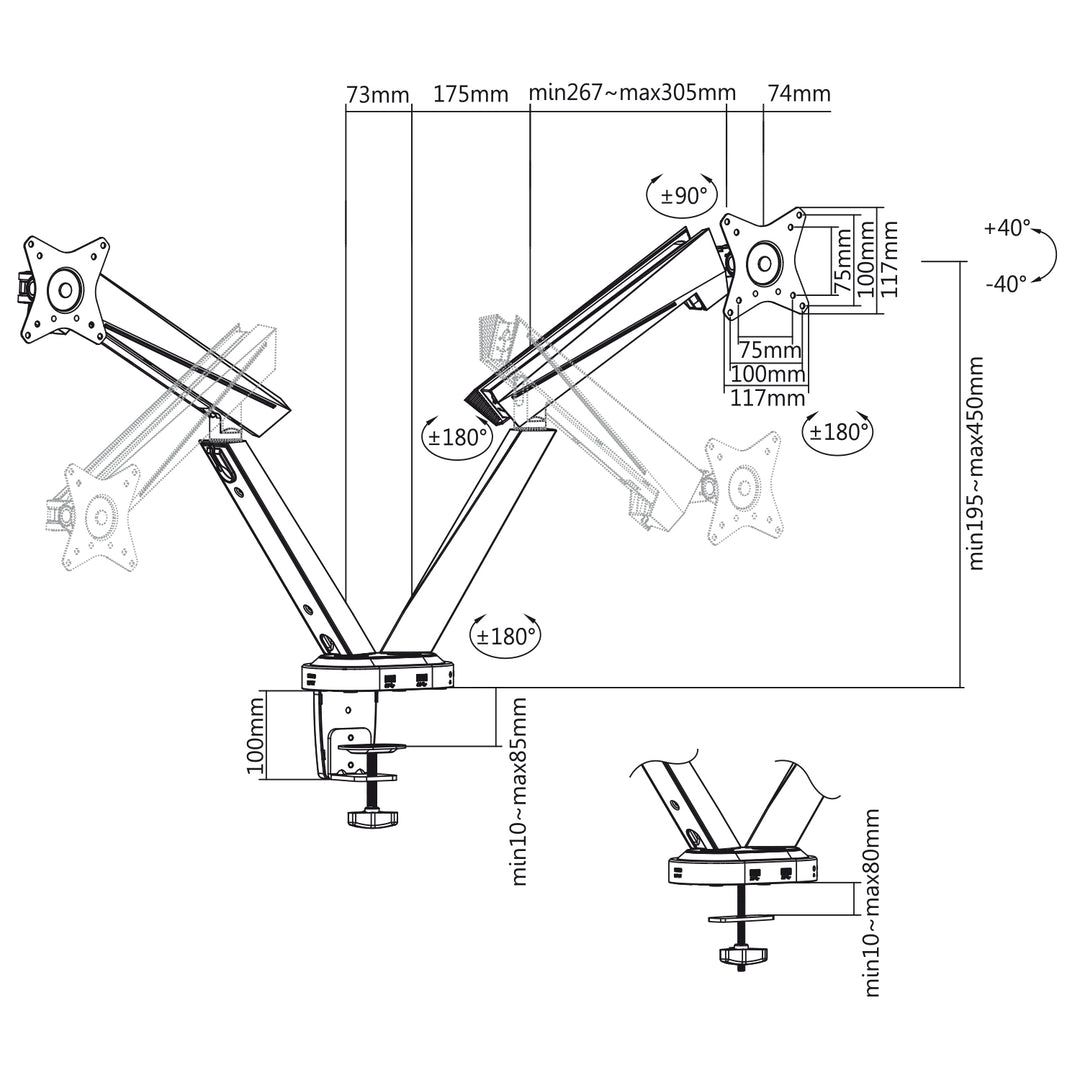 Bras articulé pour 2 écrans gaming 17-32 "2x 8kg LCD NanoRS RS887 17-32 "2x 8kg (max 16kg) vesa 75x75 et 100x100