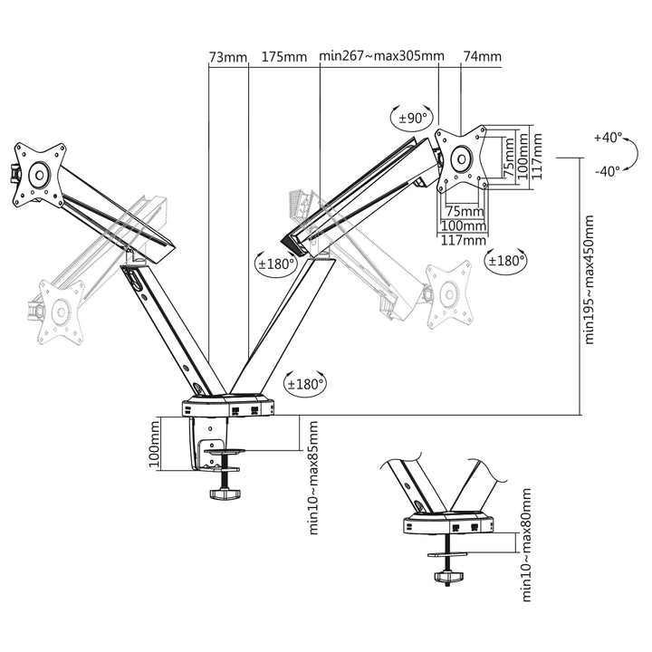 Bras articulé pour 2 écrans gaming 17-32 "2x 8kg LCD NanoRS RS887 17-32 "2x 8kg (max 16kg) vesa 75x75 et 100x100