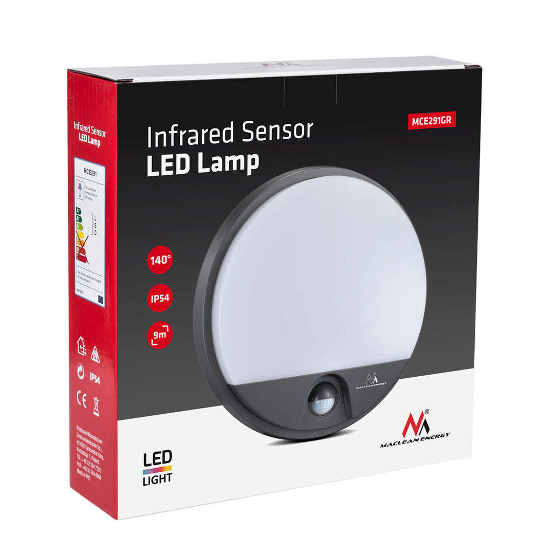 Lampe LED murale avec détecteur de mouvement infrarouge IP54 Maclean MCE291 GR