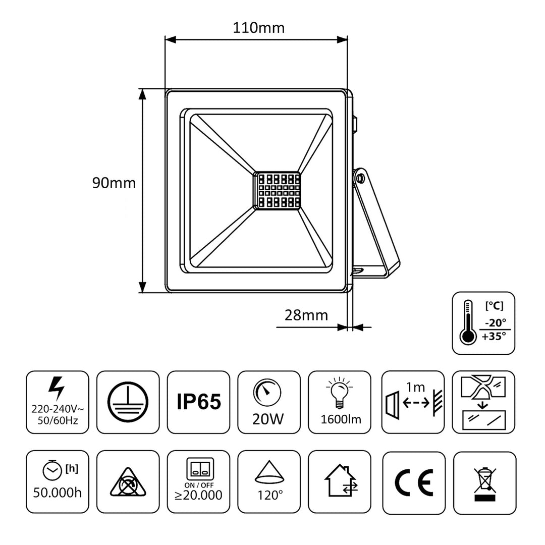 Naświetlacz slim LED 20W, 1600lm Blanc chaud (3000K) Maclean Energy MCE520 WW, IP65, PREMIUM