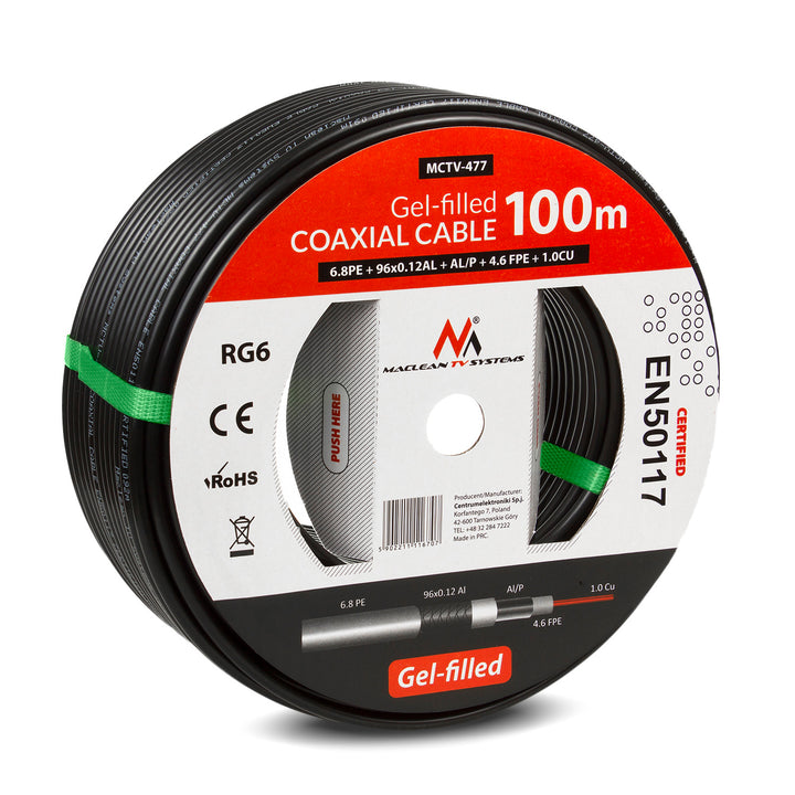 Câble coaxial pour antenne rempli par gel RG6 100M Maclean MCTV-477 1.0CU + 4.6FPE + AL / P + 96 * 0.12AL + 6.8PE