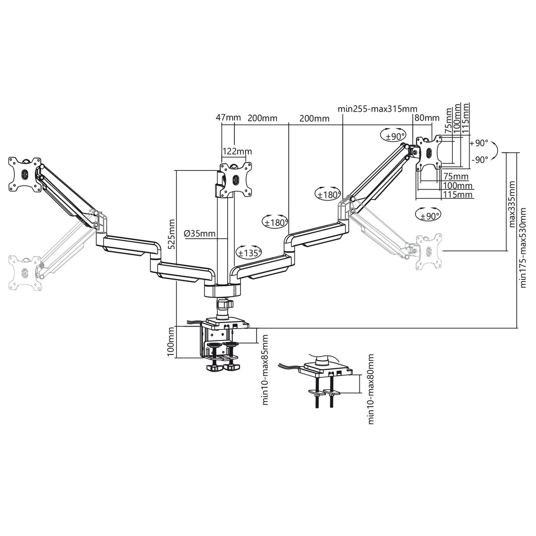 Support d'écran à 3 positions1x port USB 3.0 Réglable en hauteur Inclinable Pivotant 13"-32".