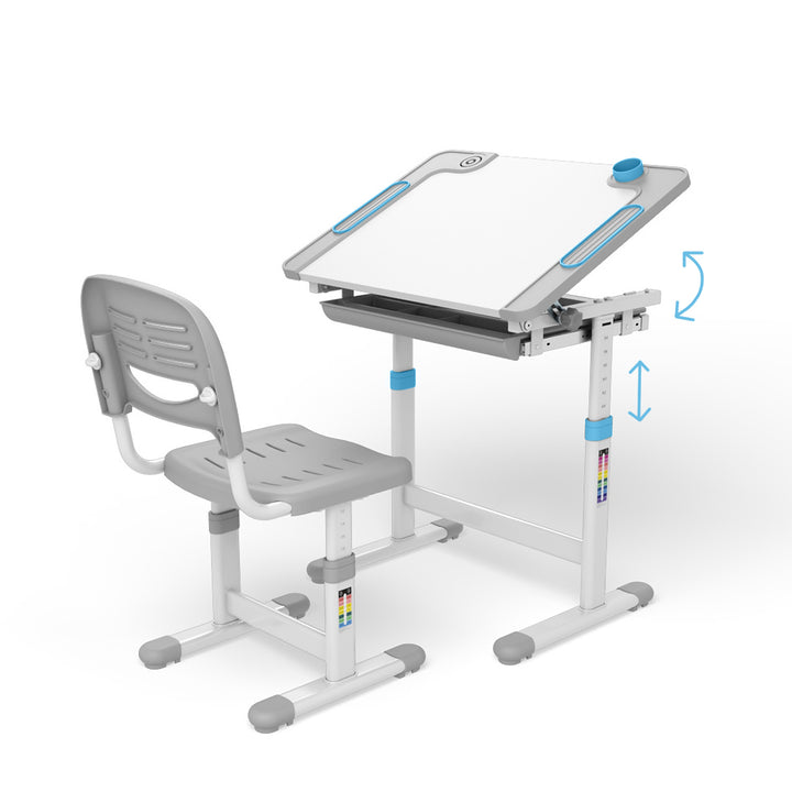 Bureau ergonomique pour enfants avec chaise et tiroir Table d'école pour enfants jusqu'à 75kg Bureau d'écolier réglable en hauteur et inclinable