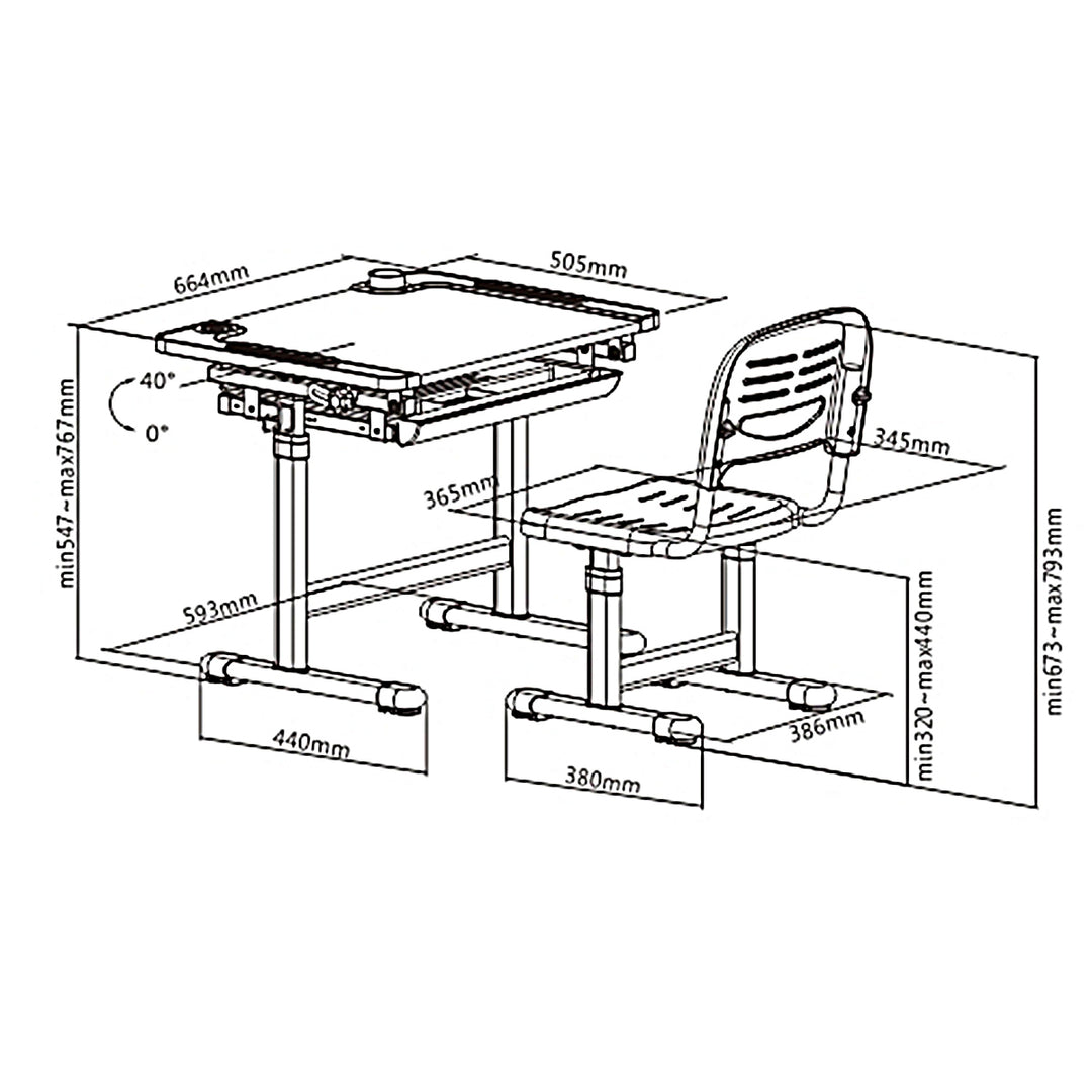 Bureau ergonomique pour enfants avec chaise et tiroir Table d'école pour enfants jusqu'à 75kg Bureau d'écolier réglable en hauteur et inclinable