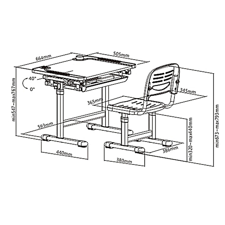 Bureau ergonomique pour enfants avec chaise et tiroir Table d'école pour enfants jusqu'à 75kg Bureau d'écolier réglable en hauteur et inclinable