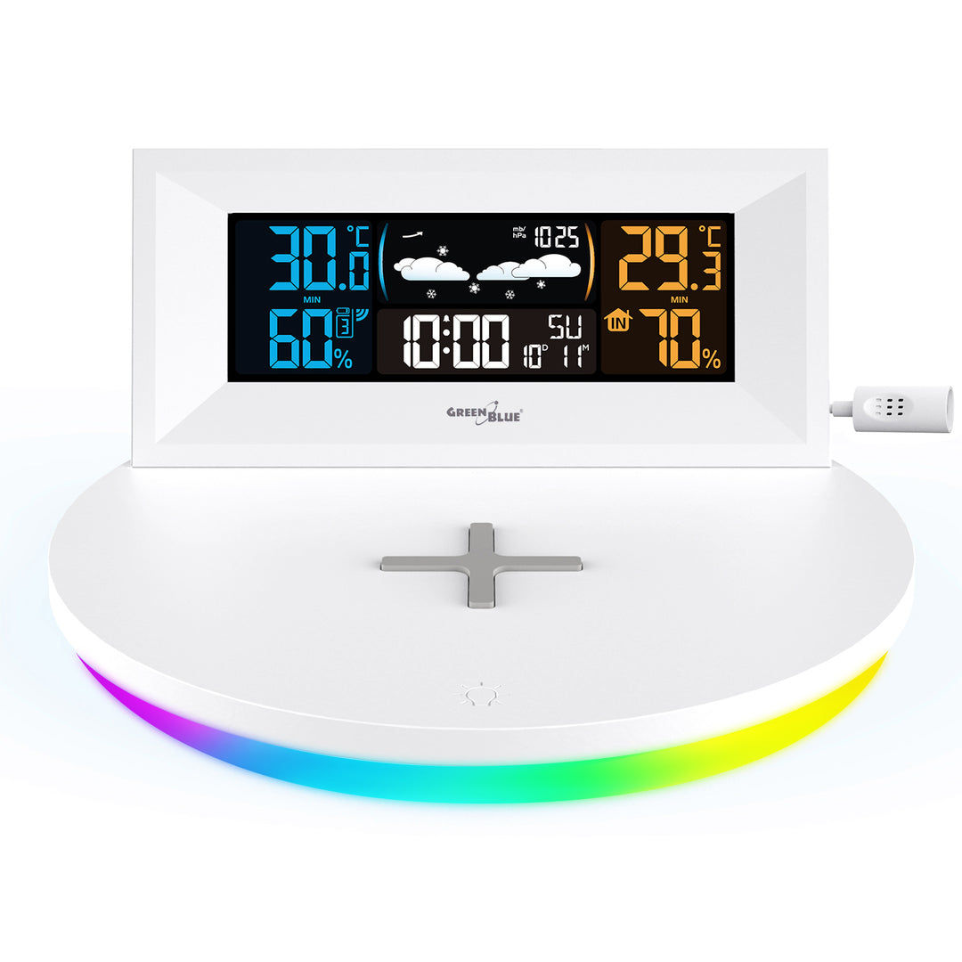 GreenBlue GB213 Station météo sans fil avec chargeur Qi Lumière d'ambiance Base Prévisions météo Calendrier Réveil fonction snooze Capteur externe Intérieur et extérieur Thermomètre Écran couleur