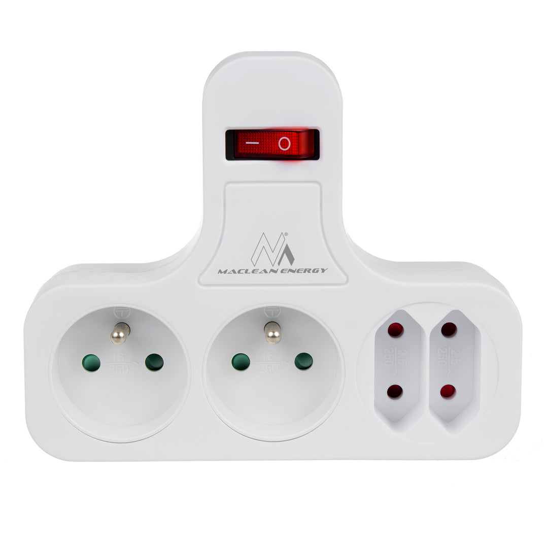 Multiprise Maclean quadruple avec interrupteur marche/arrêt, pied de stabilisation, Type E, 2x2.5A, 2x16A, MCE224