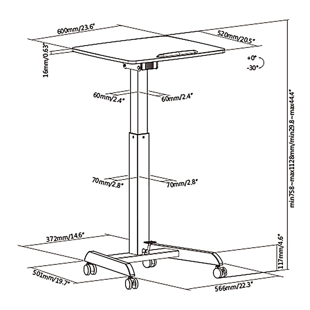 Table d'ordinateur portable réglable en hauteur avec roulettes Bureau assis-debout Réglable en hauteur jusqu'à max. 113cm Inclinable à 30 degrés Noir