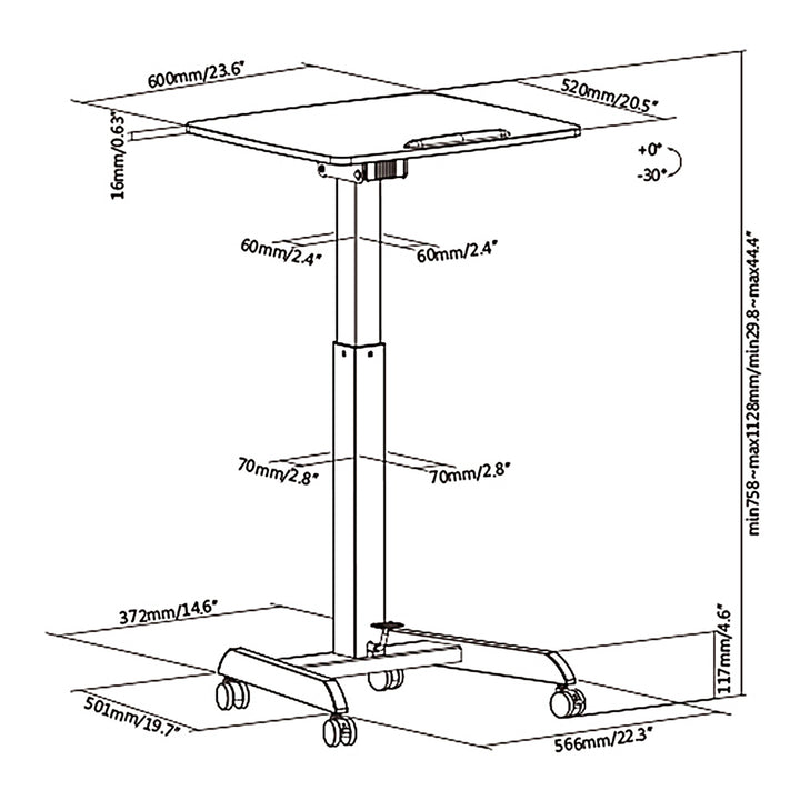 Table d'ordinateur portable réglable en hauteur avec roulettes Bureau assis-debout Réglable en hauteur jusqu'à max. 113cm Inclinable à 30 degrés Noir