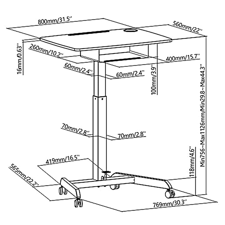 Table d'ordinateur portable à hauteur réglable avec roulettes et un tiroir Bureau assis-debout Réglable en hauteur jusqu'à 113cm max. 8kg (Noir)