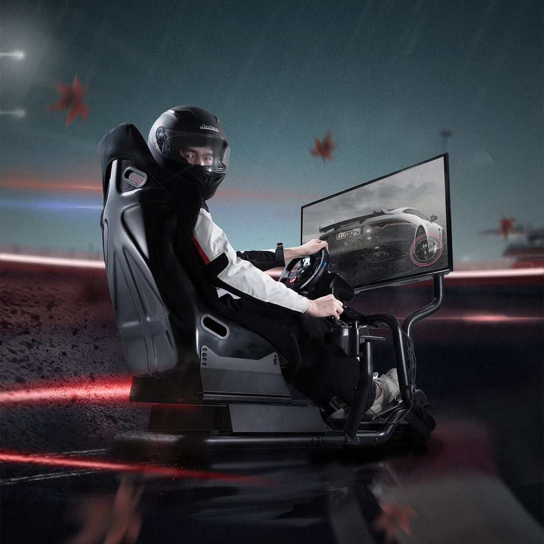 Simulateur de course Cockpit 3 en 1 Siège de jeu jusqu'à 130kg Support de levier de vitesse Support de volant Support TV jusqu'à 50" Max. Vesa 400x200 ...