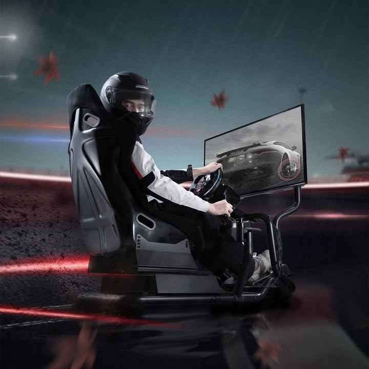 Simulateur de course Cockpit 3 en 1 Siège de jeu jusqu'à 130kg Support de levier de vitesse Support de volant Support TV jusqu'à 50" Max. Vesa 400x200 ...